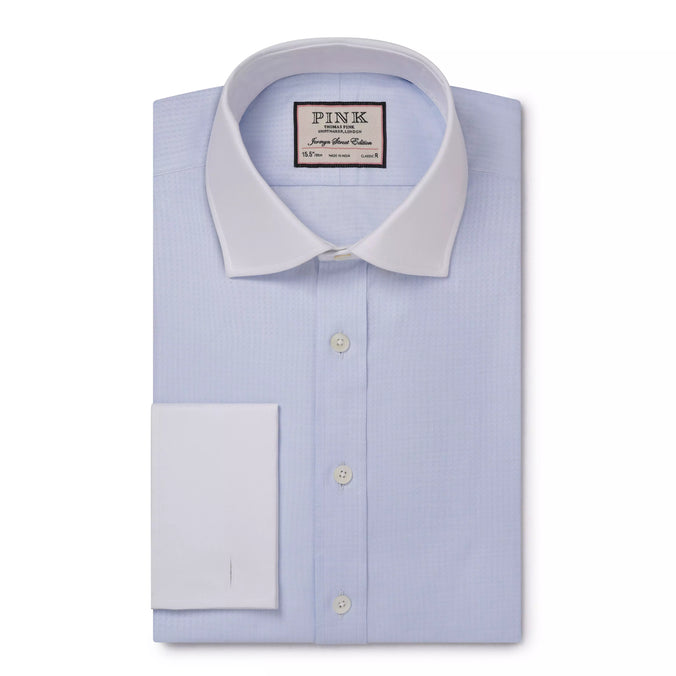 Pale Blue & White Classic Fit Double Cuff Tonal Jaquard Square Formal Shirt