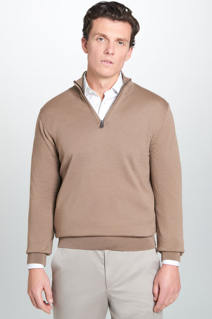 Camel Merino Wool Zip Neck Sweater