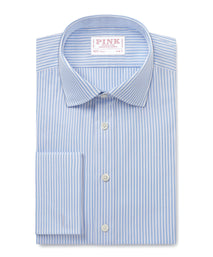 Pale Blue & White Slim Fit Double Cuff Essential Bengal Stripe Formal Shirt