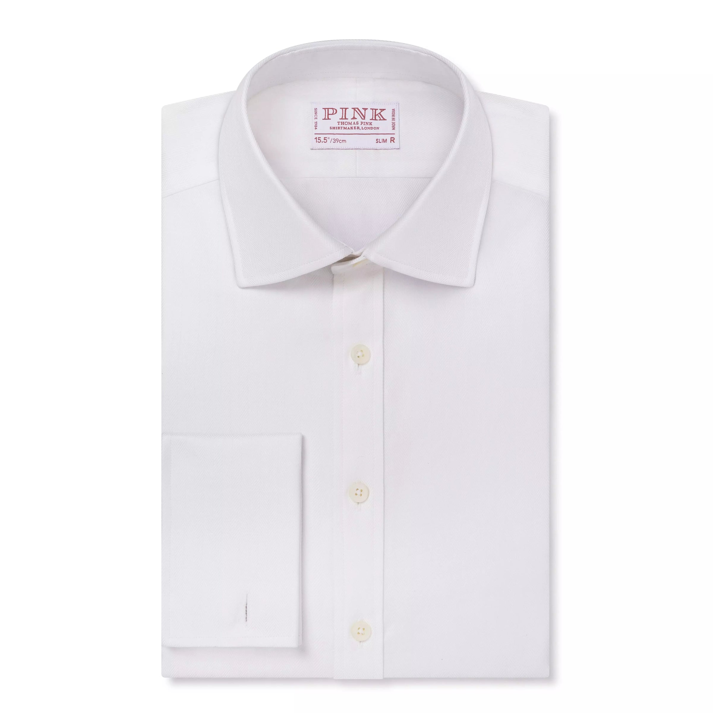 White Slim Fit Double Cuff Twill Herringbone Formal Shirt